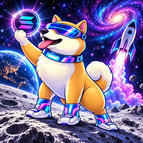 SolDoge on the moon holding a Solana coin